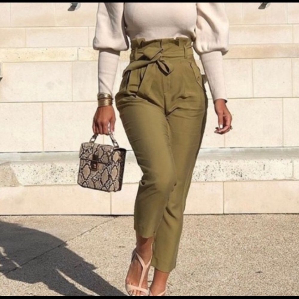 H&M High-Waisted Paper Bag Trousers - Olive Green